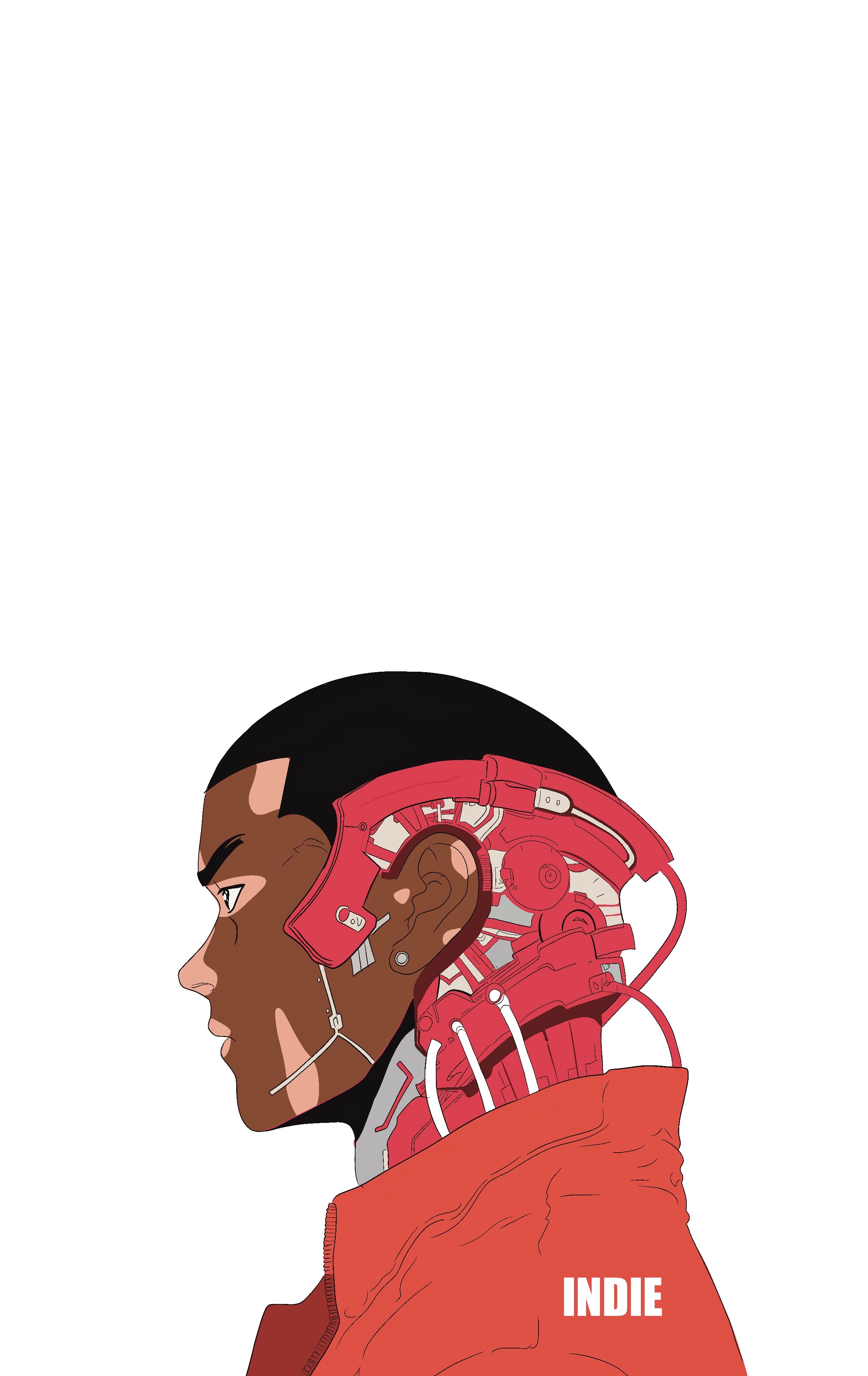 Indie cybernetic character profile in red