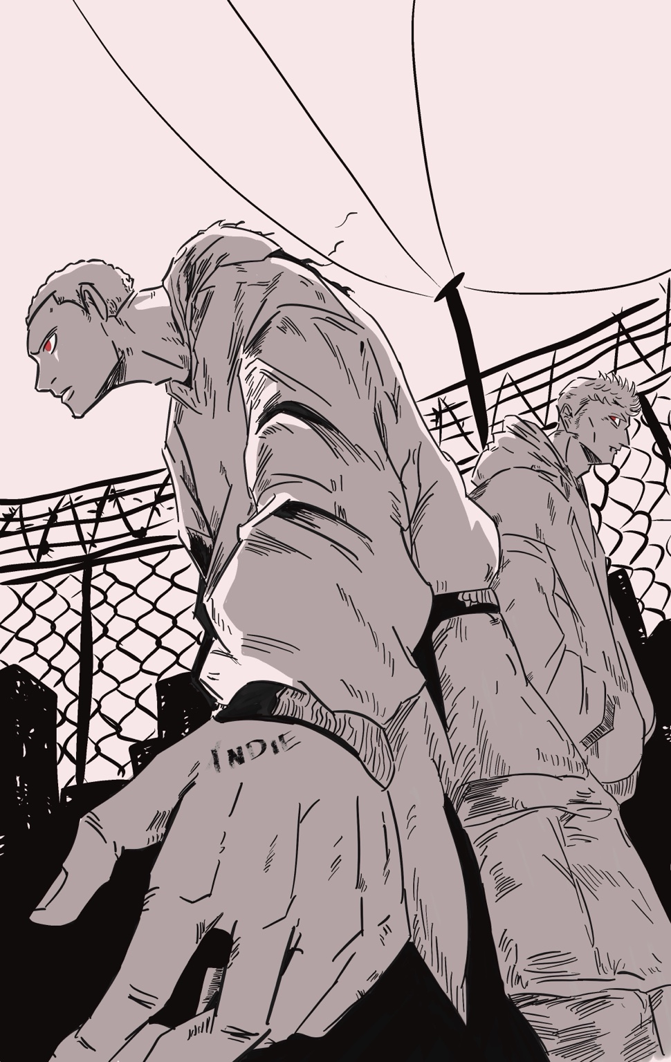 Monochrome illustrated figures beneath power lines