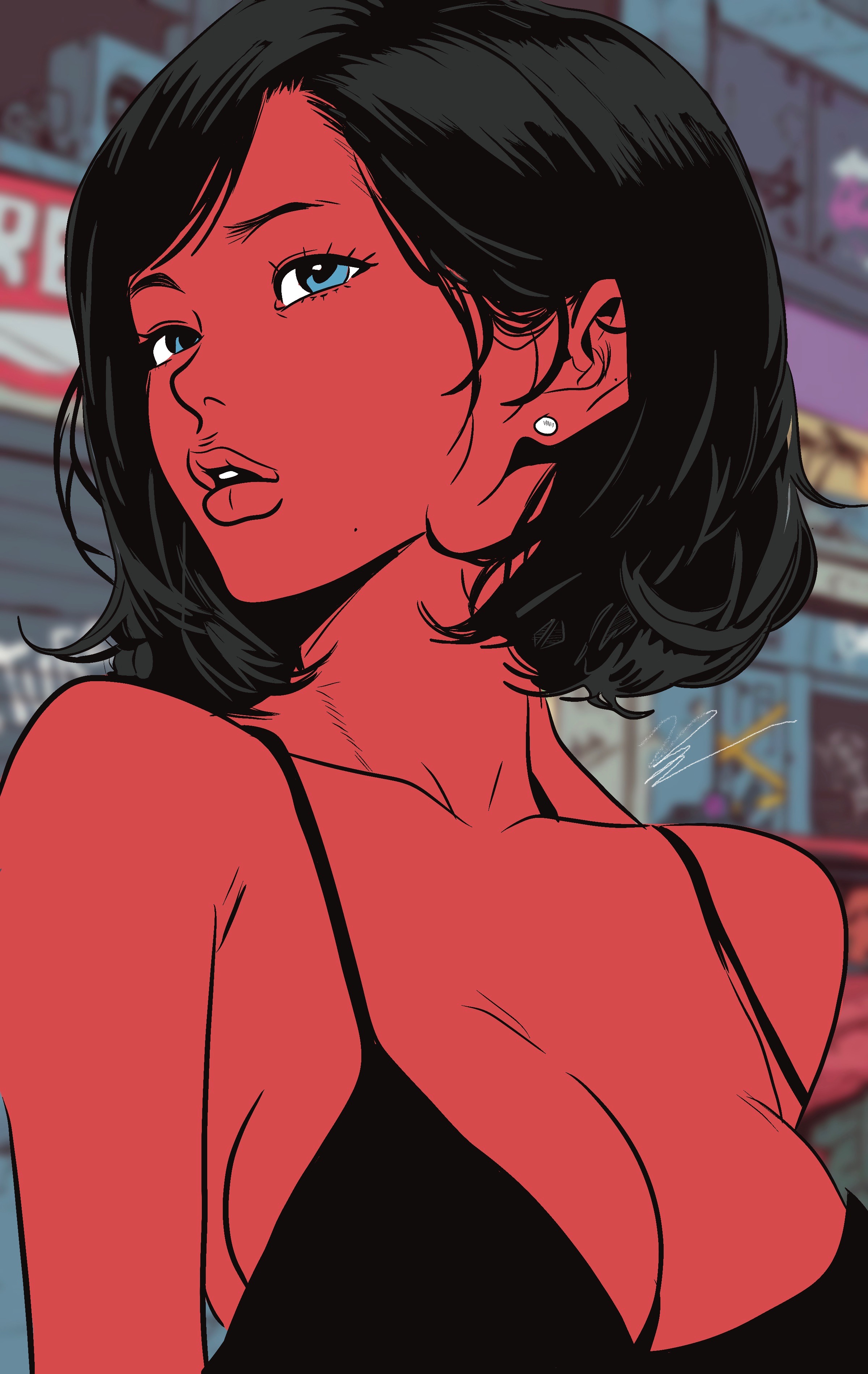Red illustrated portrait against a city backdrop