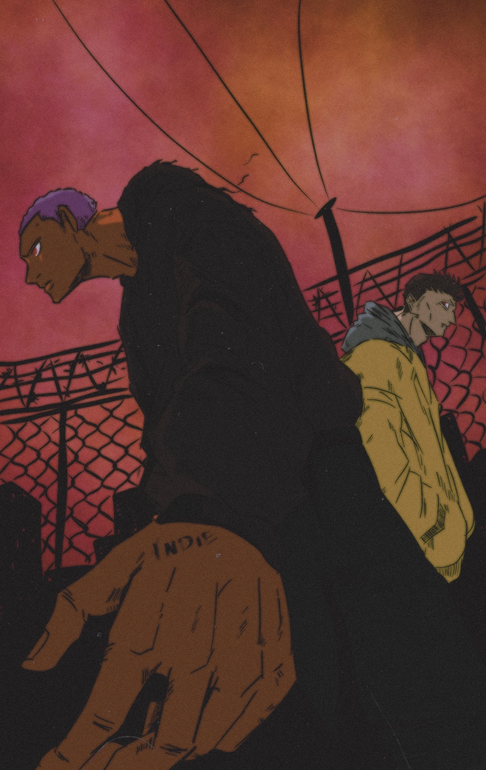 Two illustrated figures beneath red power lines
