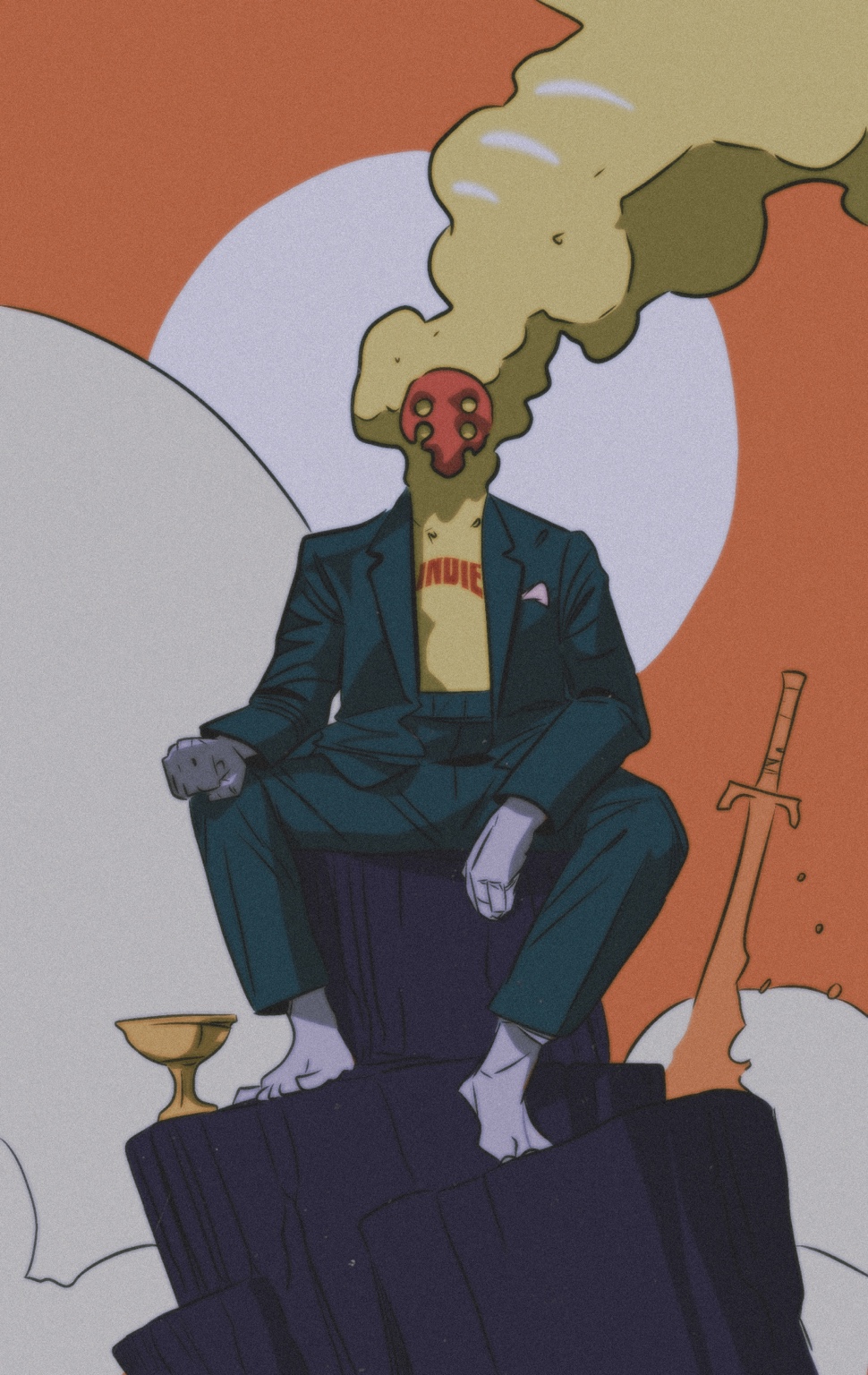 Illustrated figure seated on a surreal throne